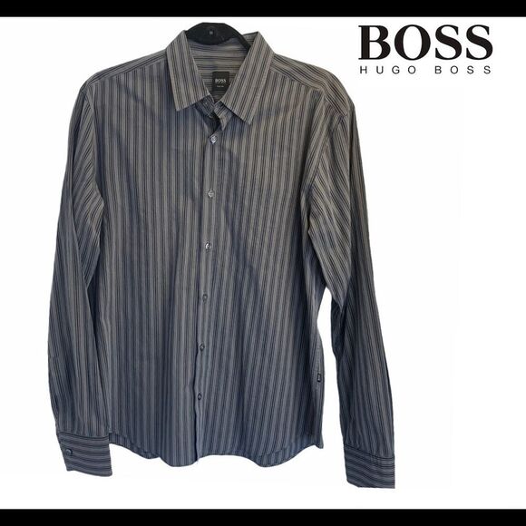 COPY - Hugo boss gray navy striped dress shirt size XL - Picture 1 of 8